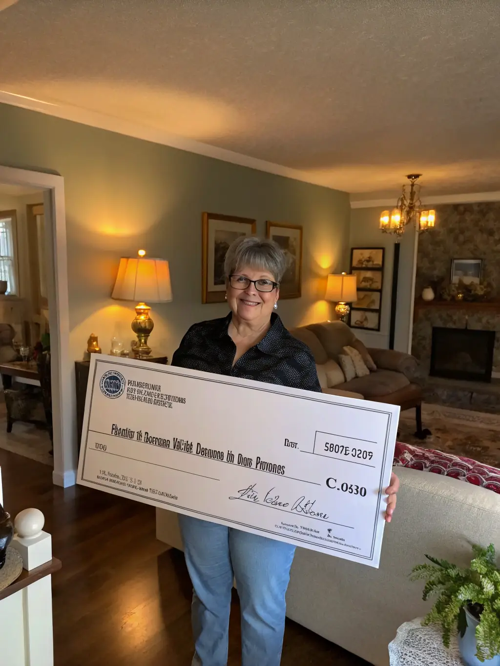 A photo of a homeowner receiving a check with a smile, symbolizing the quick cash offer from OLD FASHIONED HOME BUYERS.